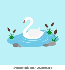 Cisne nadando en el lago con cañas. Caricatura de cisne. Estilo plano. Ilustración del vector