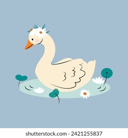 Swan swimming in the lake with reeds. Swan cartoon character. Flat style. Vector illustration.Can be used for t-shirt print, kids wear fashion design, baby shower invitation card.