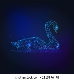 Swan swimming on water. Abstract geometric background. Wireframe light connection structure consists of lines, dots and shapes.  Low polygonal design. Modern 3d graphic concept. Vector illustration.