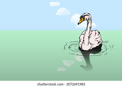 A swan swimming peacefully in a lake on a clear summer day. Hand drawn vector illustration.