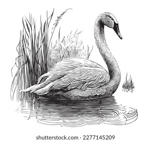 Natación de cisne en el bosquejo dibujado a mano en el estanque en ilustración estilo doodle