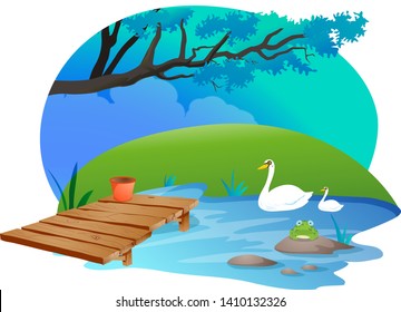 Swan swimming in the pond Vector illustration