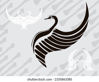 Swan symbol on a gray background for your design. Flying swan icon for logos, embroidery, greeting cards, prints or tattoos, textiles and fabric products, wallpaper, emblems, fashion trends, etc.