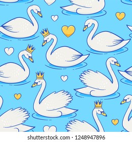 Swan vector seamless pattern, cute childish illustration with princess crown