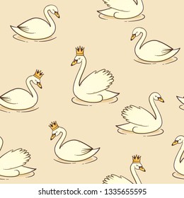 Swan vector seamless pattern, cute childish illustration with princess crown