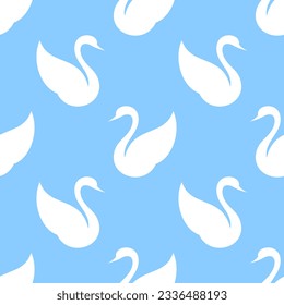 Swan vector seamless pattern. Stylized white birds silhouettes on blue background. 