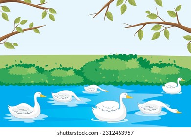 Vector de cisne. Los cisnes nadan en el río con hermosos paisajes naturales como fondo