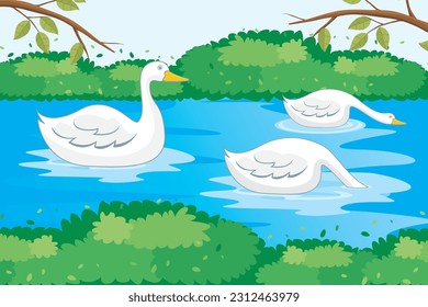 Vector de cisne. Los cisnes nadan en el río con hermosos paisajes naturales como fondo