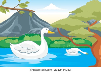 Swan vector. Swans swimming in the river with beautiful natural scenery as a background