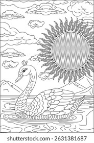 Vetor de Página de Coloração de Cisne na Paisagem Adulta da Água