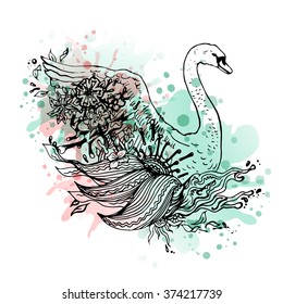 Swan watercolor, abstract graphic colored bird. Sketch. Abstract vector bird with flowers. Print for t-shirt. Wild things.