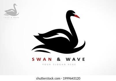 Vector de logotipo de cisnes y olas. Diseño de aves.