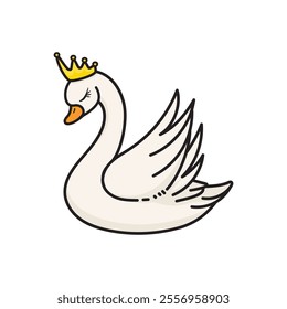 Swan wear Crown Vector Image, Cute Swan Illustration, Cartoon Swan Vector Image, Swan Drawing Doodle Vector.