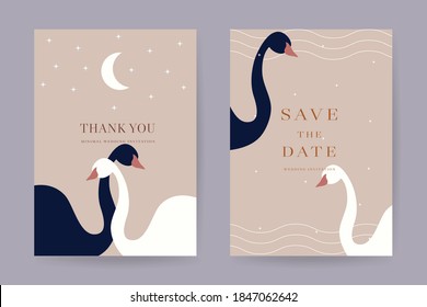 swan wedding invitations vector template. Save the date, Thank you cards, RSVP, digital wedding anniversary cards . Electronic wedding card design for wedding celebration. Vector illustration.