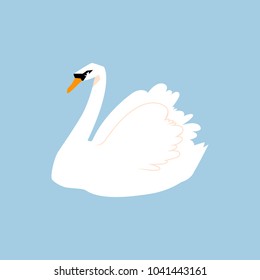 Swan. White bird. Feathered in a flat style isolated on a white background.