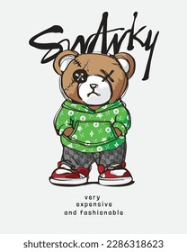 swanky slogan with cartoon bear doll in fashionable green hoodie vector illustration