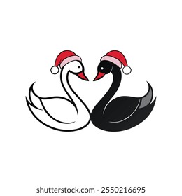 Swans Christmas Silhouette with Santa Hat - Festive Holiday Design