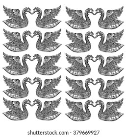 Swans couple pattern. Doodle style illustration.