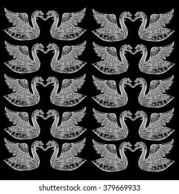 Swans couple pattern. Doodle style illustration.