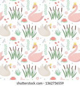 Swans cute seamless pattern. Modern princess swan repetitive texture. Holiday endless background, backdrop. Vector illustration