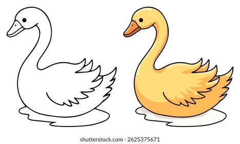 Swans Duck Isolated Line Art Vector Outline Illustration Black and White with Coloring Sample