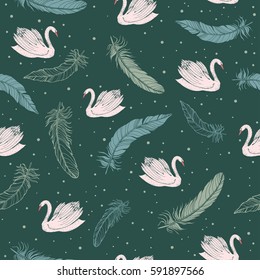 Swans with feather pattern on a green background. Vector.