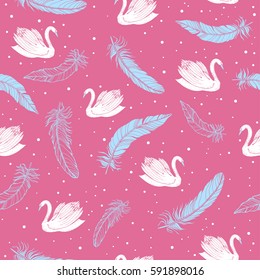 Swans with feather pattern on a pink background. Vector.