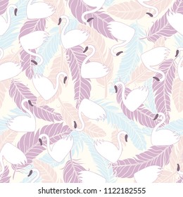 Swans and feathers seamless pattern. Swan lake pattern.