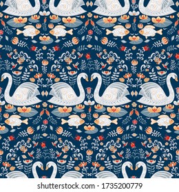 Swans, fish, flowers on a blue background. Decorative floral pattern with ornaments and patterns in folk style.