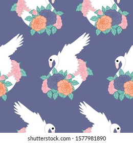 Swans and flower bouquet in a seamless pattern design, perfect to use on the web or in print