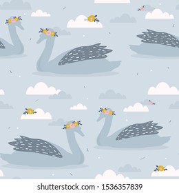 Swans, flowers, seamless pattern vector. Hand drawn overlapping backdrop. Colorful background with birds. Decorative wallpaper, good for printing