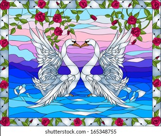 Swans with heart / stained glass window