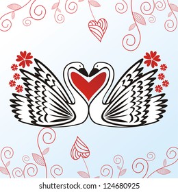 Swans love heart romantic pattern background vector illustration