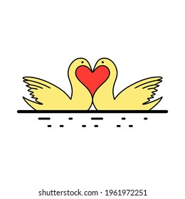 Swans in a love icon. Love stickers vector for Valentines Day. Hand drawn colorful objects.