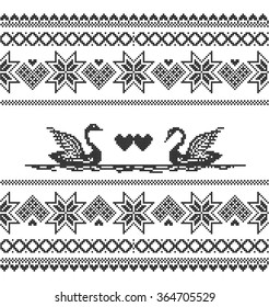 Swans. Love. Wedding. Vector seamless pattern. Scheme of knitting and embroidery.