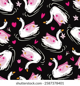 Swans Pink Hearts Vector Seamless Pattern