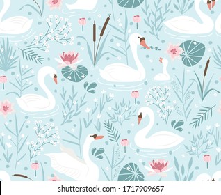 Swans In Pond. Seamless Blue Pattern With Swans And Water Plants.