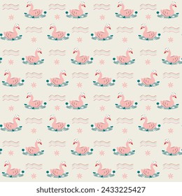 Cisnes en el estanque. Patrón sin fisuras con cisnes y plantas de agua. Ideal para la tela, textil Ilustración vectorial