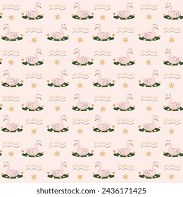 Swans in pond. Seamless  pattern with swans and water plants. Great for fabric, textile Vector Illustration