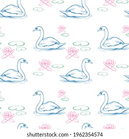 Swans in the pond. Vector  illustration. Seamless pattern.