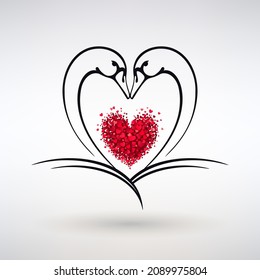 swans with red hearts symbol of love and passion on a light background