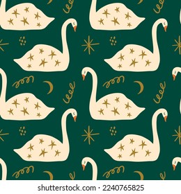 Swans scandinavian nordic style artisan Noel postcard elements seamless pattern background vector