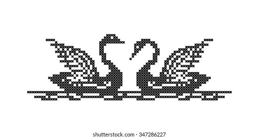 Swans. Scheme of knitting and embroidery. Vector.