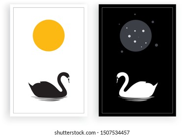 Swans Silhouettes, beautiful contrast concept.  Sunlight and moonlight, two pieces scandinavian minimalist poster design, black and white, sun and moon, wall artwork, minimalism, illustration