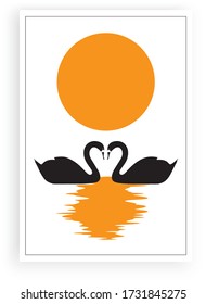 Swans Silhouettes swimming on sunlight or moonlight, vector. Two swans making a shape of a heart. Scandinavian minimalist poster design, artwork, wall art, wall decals. 