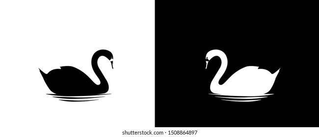 Swans Silhouettes swimming, vector,  two pieces minimalist poster design, black and white, day and night, wall artwork, minimalism, illustration