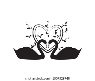 Swans silhouettes vector, couple swans in love, heart illustration, wall artwork, wall decals, minimalist poster design isolated on white background