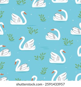 Swans, a swan swims in the lake, soft blue background, star reflections on the water, seamless pattern