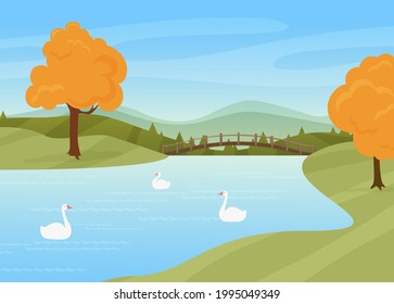 Swans swim in river, rural autumn nature landscape vector illustration. Cartoon wild birds on water surface, bridge over river or lake, trees with yellow autumnal leaves stand by riverside background