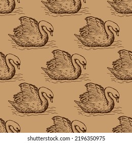 swans vector seamless pattern on sepia background